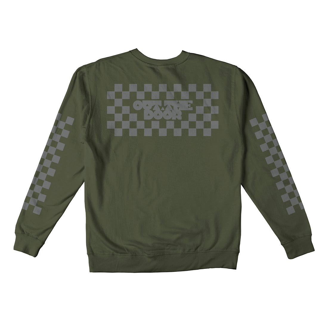 Reflective Crew Neck Sweatshirt • Classic Checkers - Silver on Army Green
