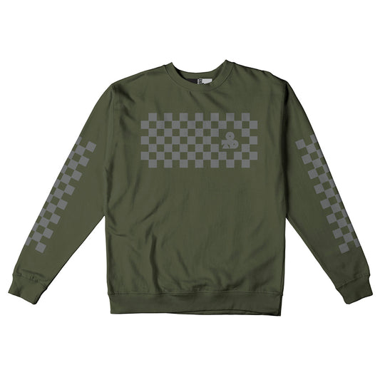 Reflective Crew Neck Sweatshirt • Classic Checkers - Silver on Army Green