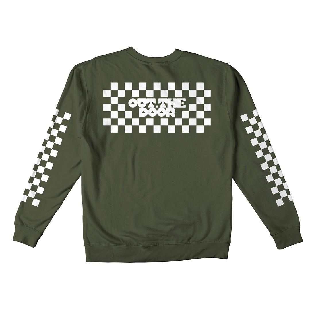 Reflective Crew Neck Sweatshirt • Classic Checkers - White on Army Green