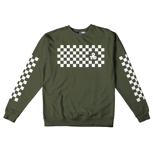 Reflective Crew Neck Sweatshirt • Classic Checkers - White on Army Green