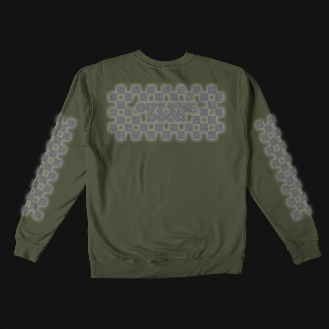 Reflective Crew Neck Sweatshirt • Classic Checkers - Silver on Army Green