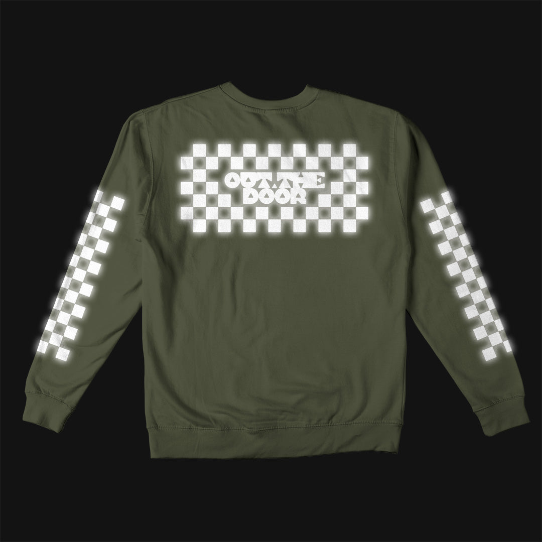 Reflective Crew Neck Sweatshirt • Classic Checkers - White on Army Green