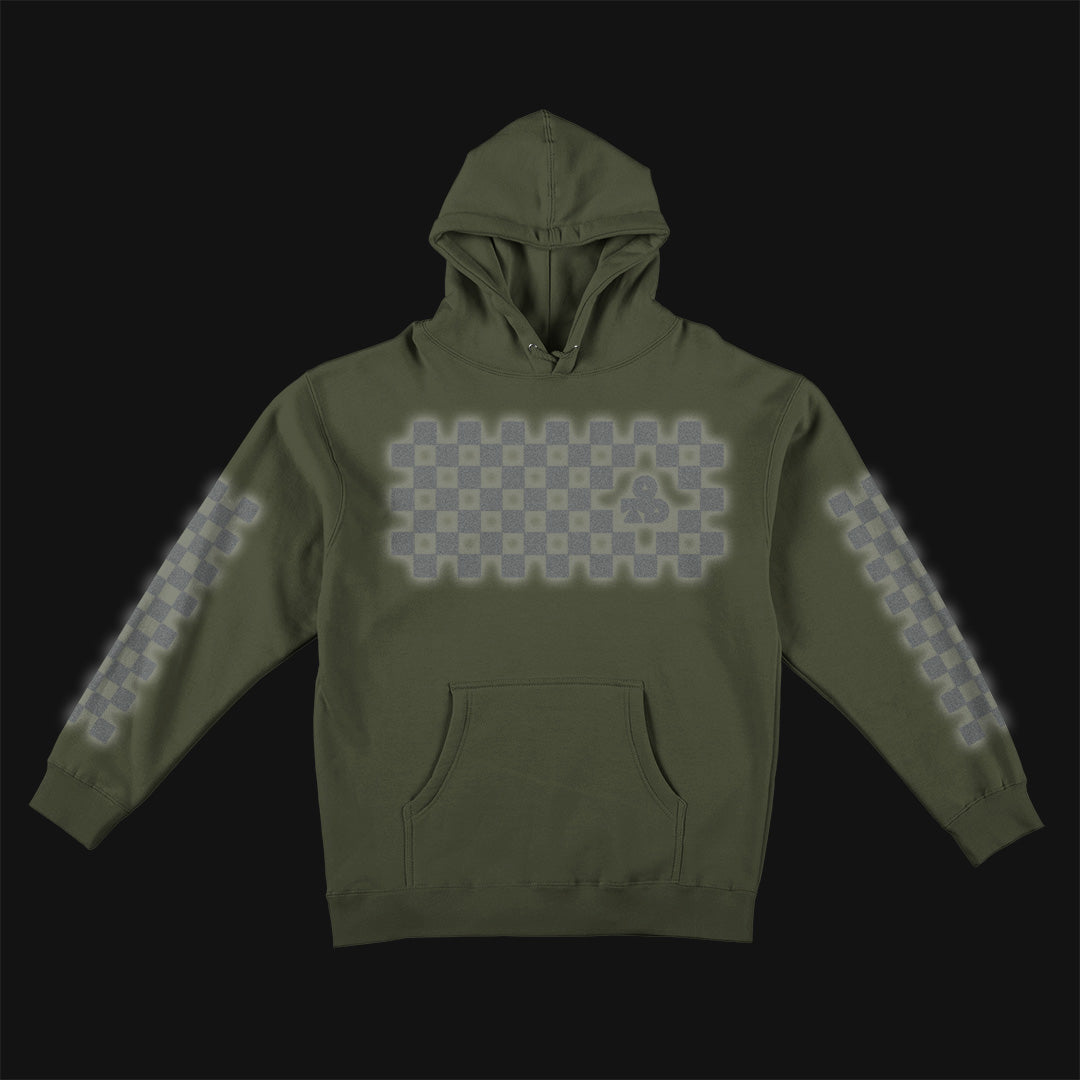 Reflective Hoodie Sweatshirt • Classic Checkers - Silver on Army Green