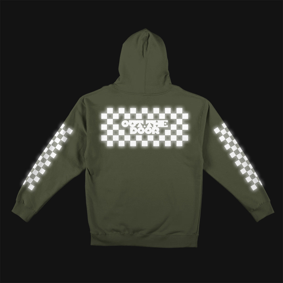Reflective Hoodie Sweatshirt • Classic Checkers - White on Army Green