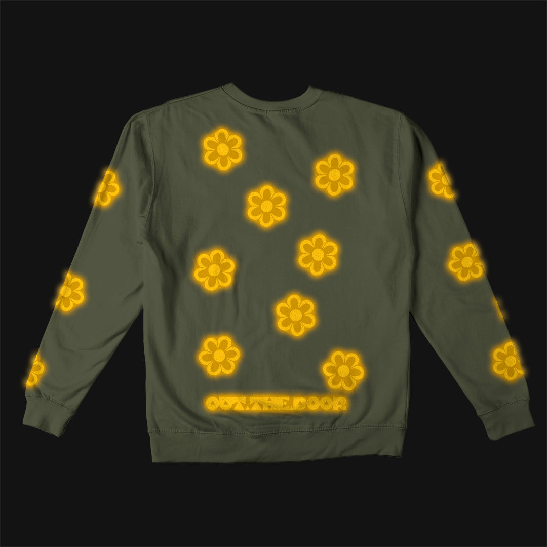Reflective Crew Neck Sweatshirt • Funky Flowers - Dark Yellow on Army Green