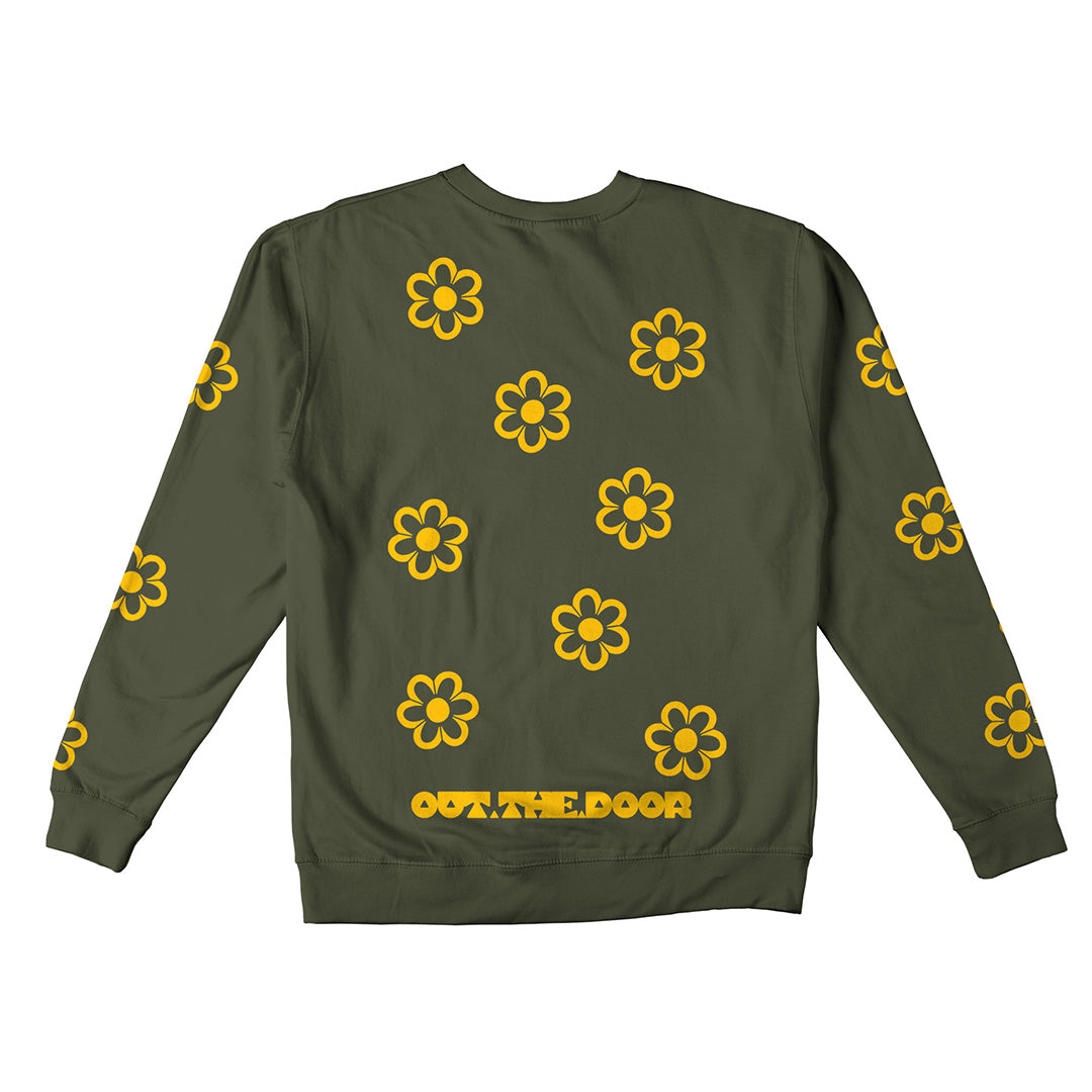 Reflective Crew Neck Sweatshirt • Funky Flowers - Dark Yellow on Army Green