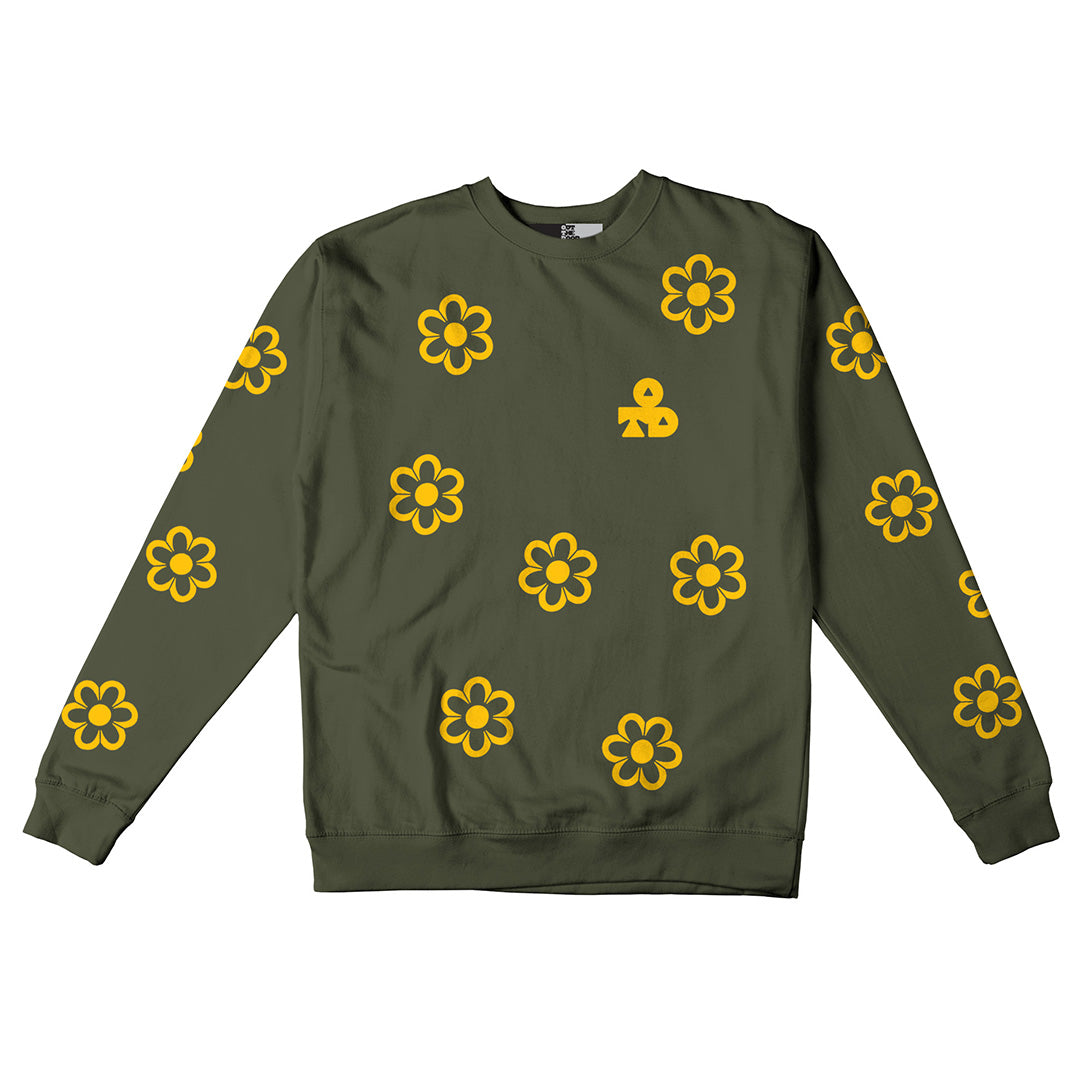 Reflective Crew Neck Sweatshirt • Funky Flowers - Dark Yellow on Army Green