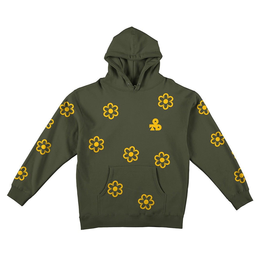 Reflective Hoodie Sweatshirt • Funky Flowers - Dark Yellow on Army Green
