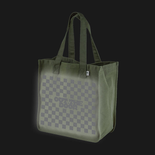 Reflective Hemp Tote Bag • Classic Checkers - Silver on Olive Green