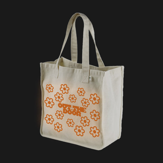 Reflective Hemp Tote Bag • Funky Flowers - Orange on Natural