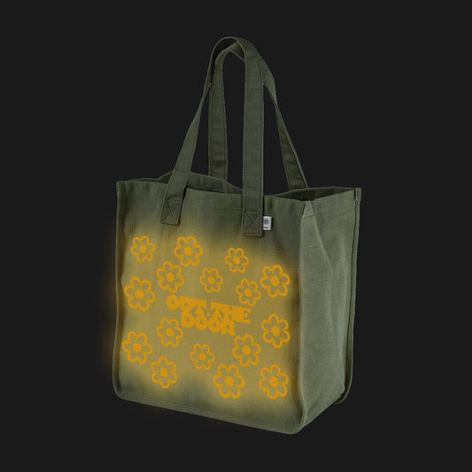 Reflective Hemp Tote Bag • Funky Flowers - Dark Yellow on Olive Green