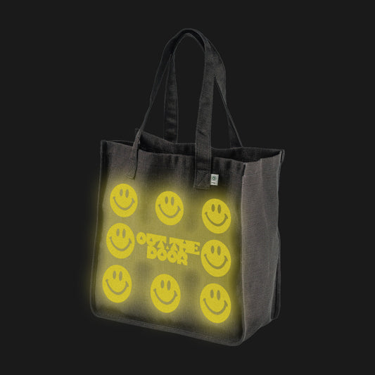 Reflective Hemp Tote Bag • Super Smilies - Yellow on Black