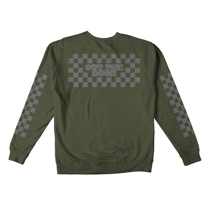 Reflective Crew Neck Sweatshirt • Classic Checkers - Silver on Army Green