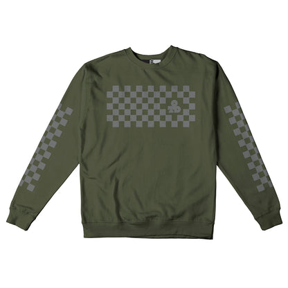 Reflective Crew Neck Sweatshirt • Classic Checkers - Silver on Army Green