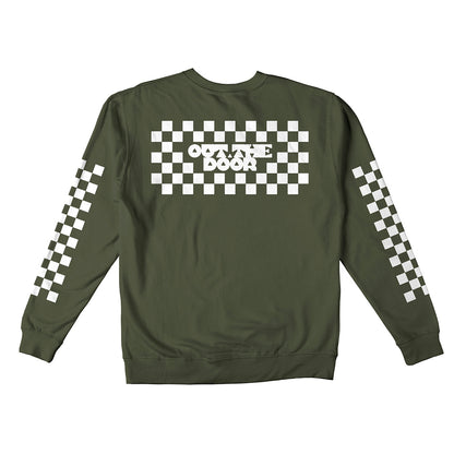 Reflective Crew Neck Sweatshirt • Classic Checkers - White on Army Green