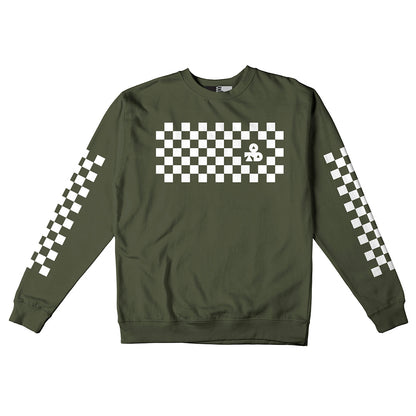 Reflective Crew Neck Sweatshirt • Classic Checkers - White on Army Green