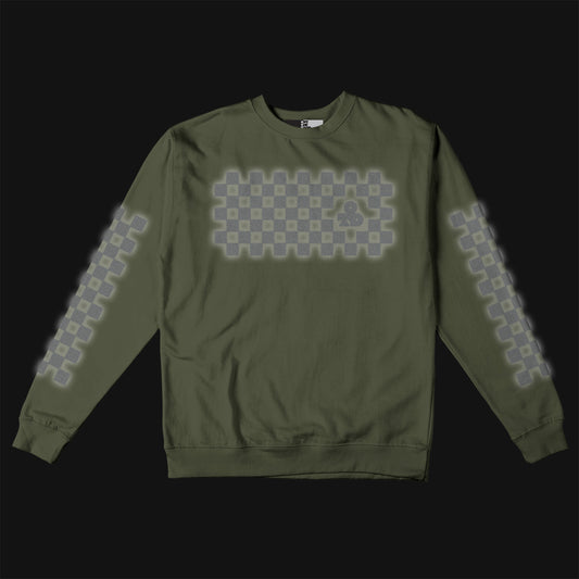 Reflective Crew Neck Sweatshirt • Classic Checkers - Silver on Army Green