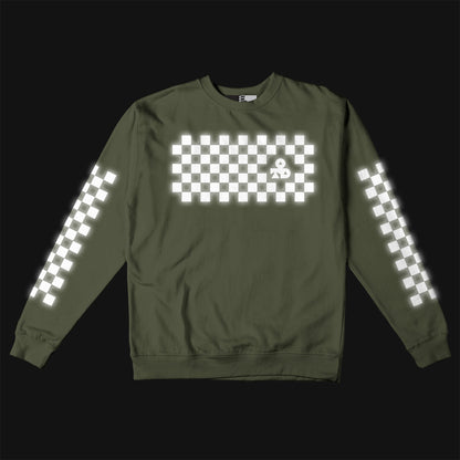 Reflective Crew Neck Sweatshirt • Classic Checkers - White on Army Green