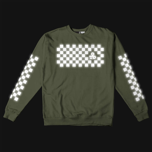 Reflective Crew Neck Sweatshirt • Classic Checkers - White on Army Green