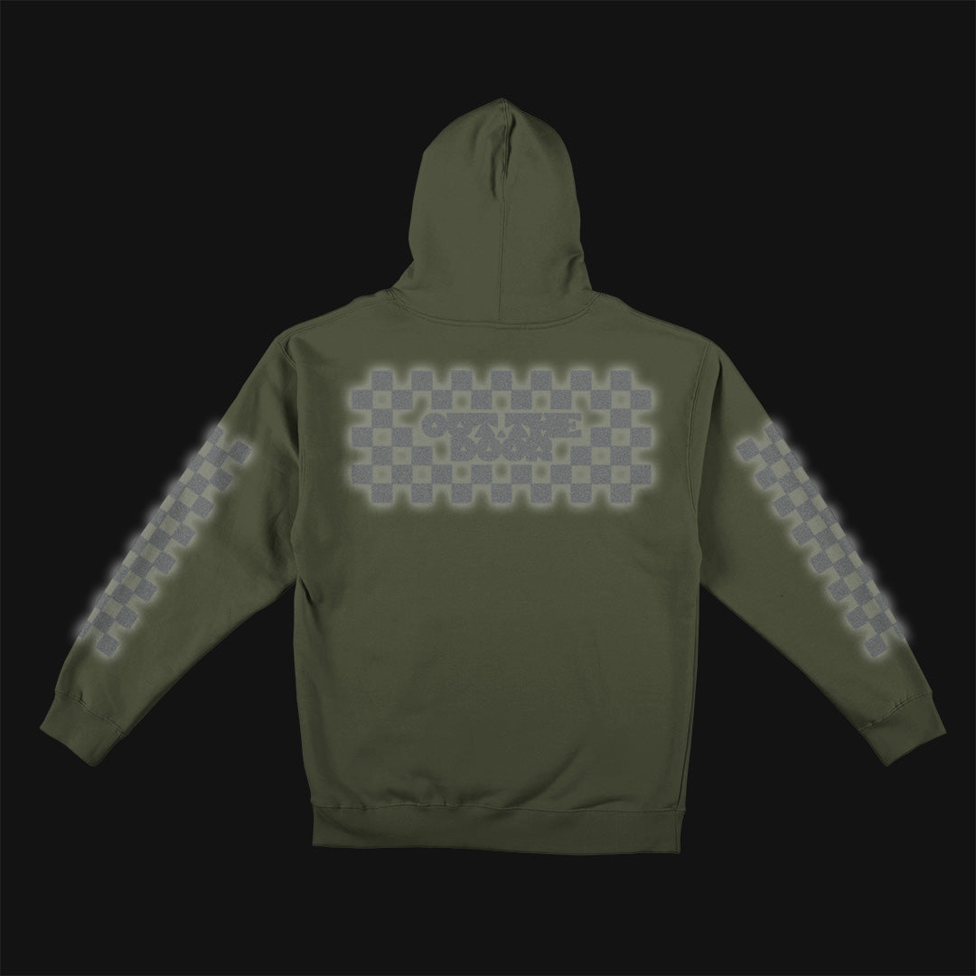 Reflective Hoodie Sweatshirt • Classic Checkers - Silver on Army Green