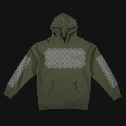 Reflective Hoodie Sweatshirt • Classic Checkers - Silver on Army Green