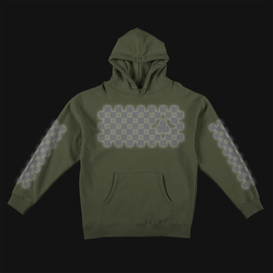 Reflective Hoodie Sweatshirt • Classic Checkers - Silver on Army Green
