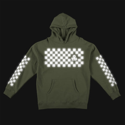Reflective Hoodie Sweatshirt • Classic Checkers - White on Army Green