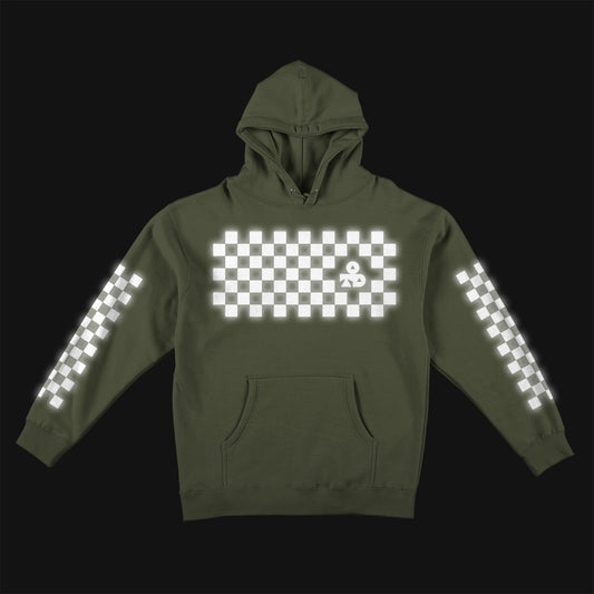 Reflective Hoodie Sweatshirt • Classic Checkers - White on Army Green