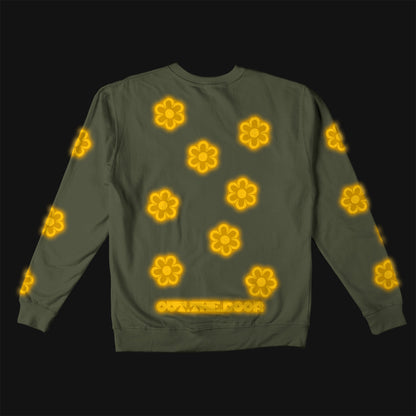 Reflective Crew Neck Sweatshirt • Funky Flowers - Dark Yellow on Army Green