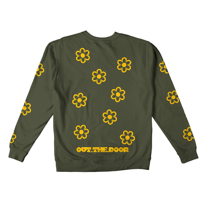 Reflective Crew Neck Sweatshirt • Funky Flowers - Dark Yellow on Army Green