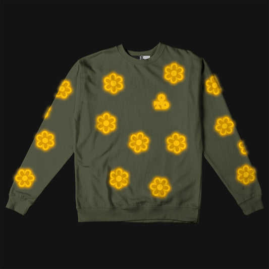 Reflective Crew Neck Sweatshirt • Funky Flowers - Dark Yellow on Army Green