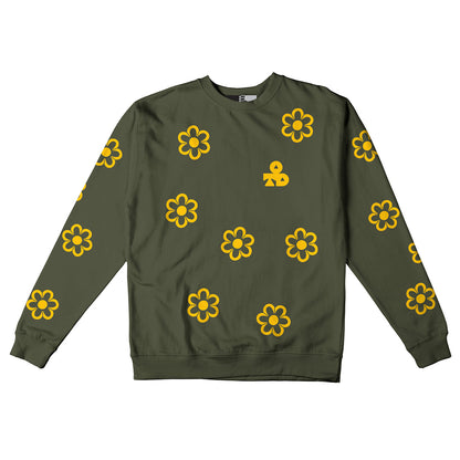 Reflective Crew Neck Sweatshirt • Funky Flowers - Dark Yellow on Army Green
