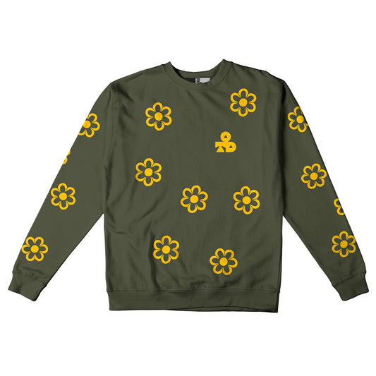 Reflective Crew Neck Sweatshirt • Funky Flowers - Dark Yellow on Army Green