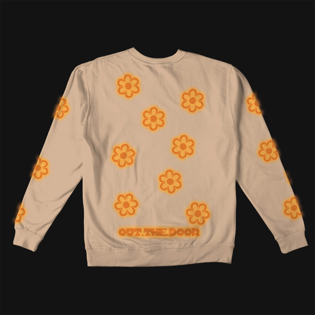 Reflective Crew Neck Sweatshirt • Funky Flowers - Orange on Sandstone