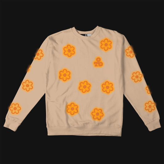Reflective Crew Neck Sweatshirt • Funky Flowers - Orange on Sandstone