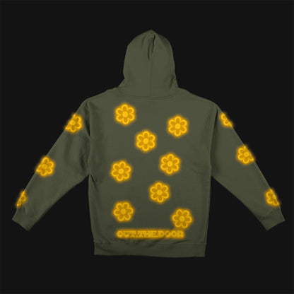 Reflective Hoodie Sweatshirt • Funky Flowers - Dark Yellow on Army Green