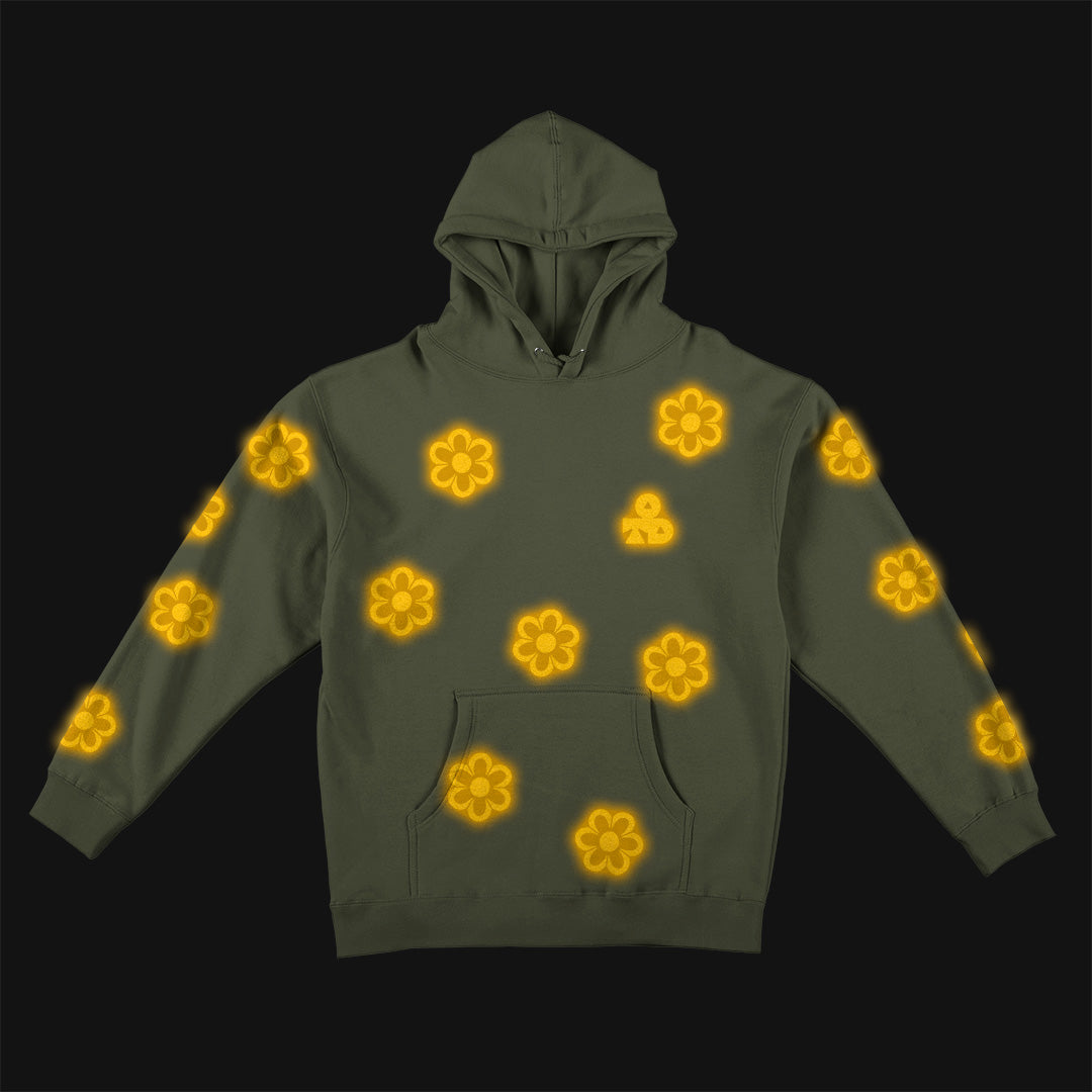 Reflective Hoodie Sweatshirt • Funky Flowers - Dark Yellow on Army Green