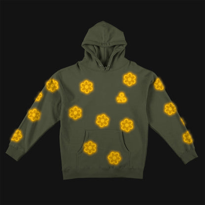 Reflective Hoodie Sweatshirt • Funky Flowers - Dark Yellow on Army Green