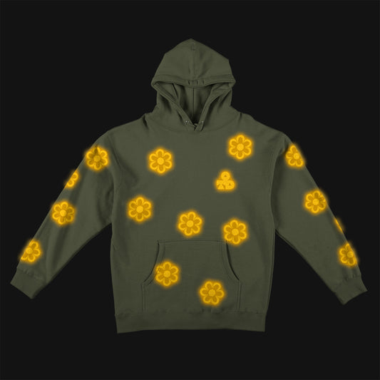 Reflective Hoodie Sweatshirt • Funky Flowers - Dark Yellow on Army Green