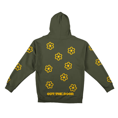 Reflective Hoodie Sweatshirt • Funky Flowers - Dark Yellow on Army Green