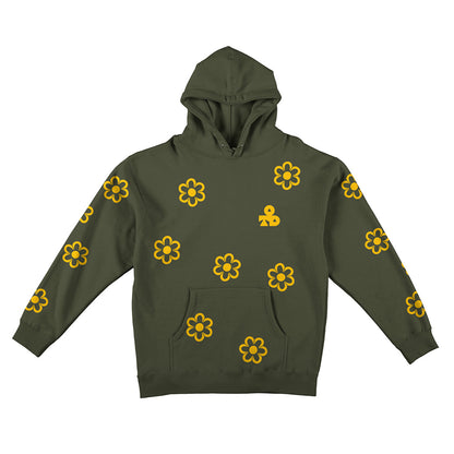 Reflective Hoodie Sweatshirt • Funky Flowers - Dark Yellow on Army Green