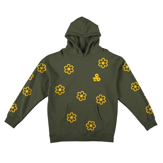 Reflective Hoodie Sweatshirt • Funky Flowers - Dark Yellow on Army Green