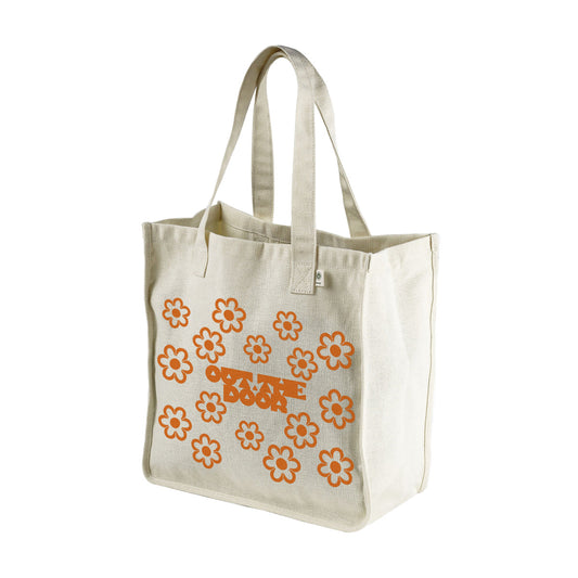 Reflective Hemp Tote Bag • Funky Flowers - Orange on Natural
