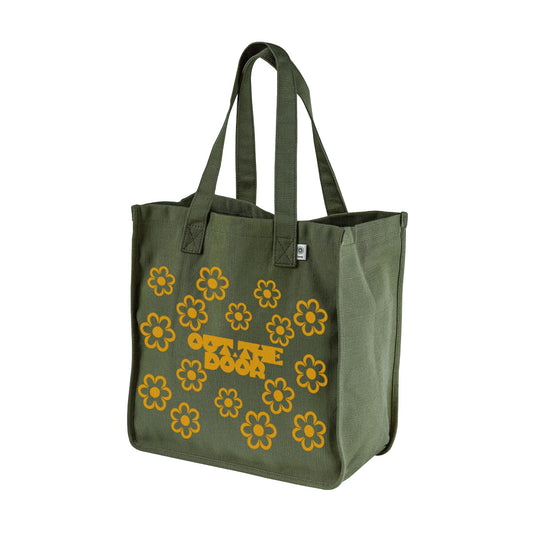Reflective Hemp Tote Bag • Funky Flowers - Dark Yellow on Olive Green